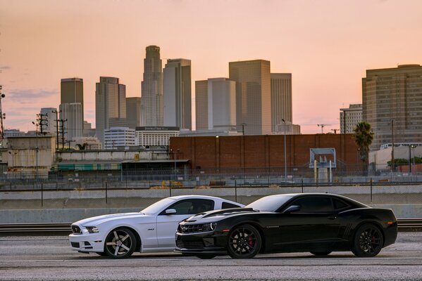 Ford e Mustang in sella alla strada della città al tramonto