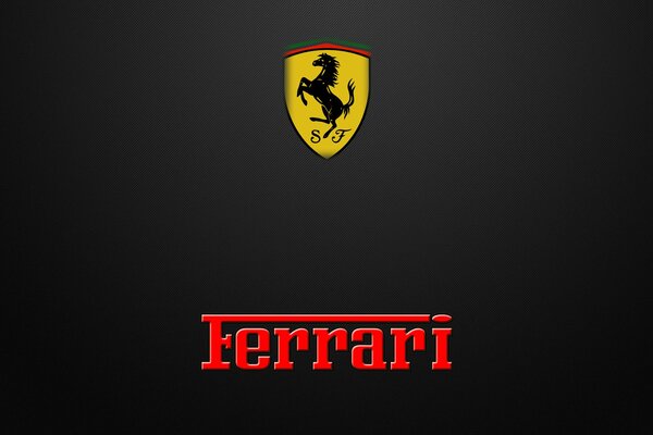 Logo e iscrizione del marchio automobilistico italiano Ferrari su sfondo scuro