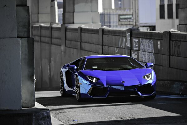 Ein blauer Lamborghini steht auf der Straße