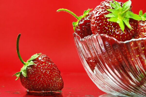 Strawberries in a transparent vase on a red background