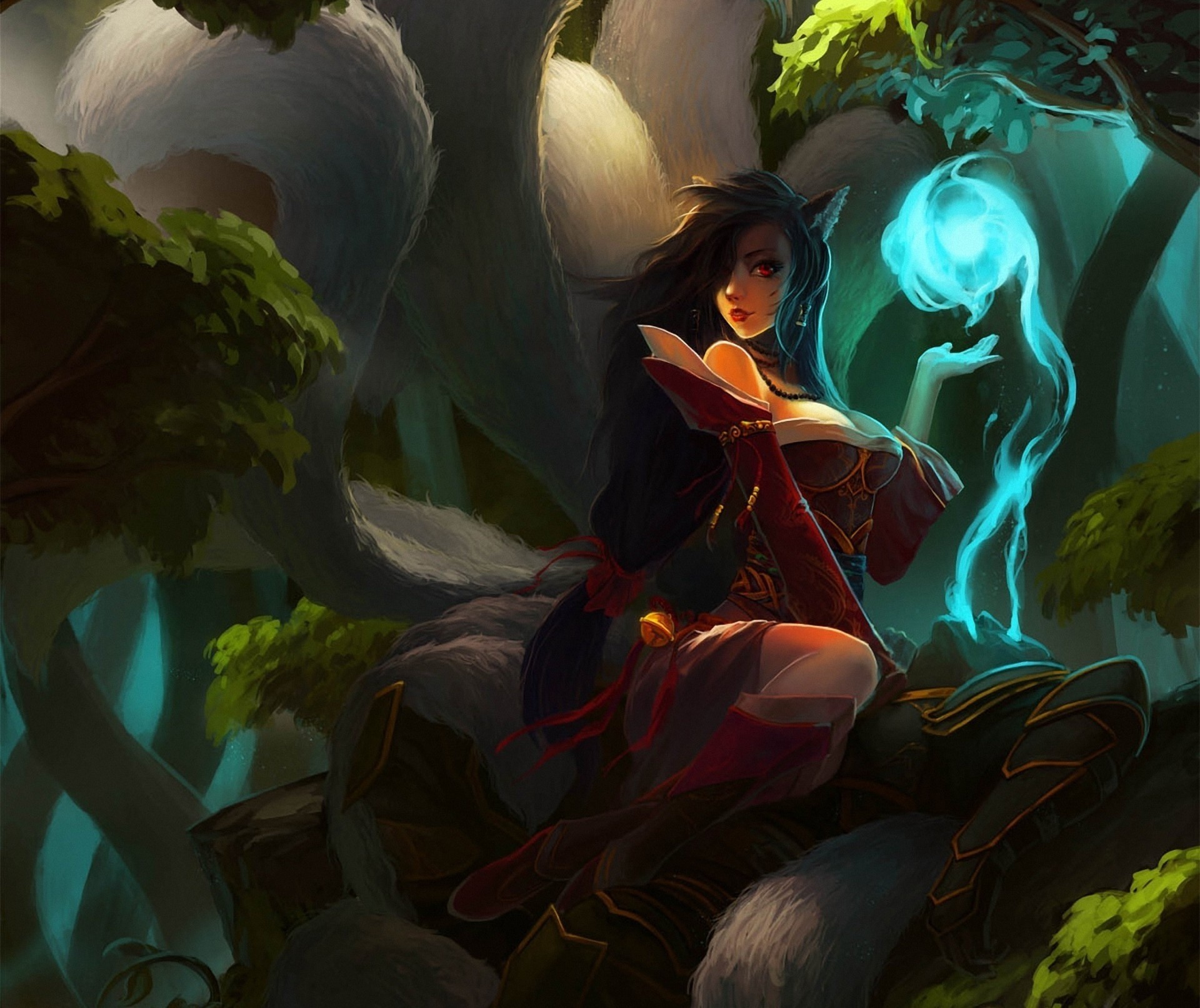 arte league of legends ragazza coda di cavallo orecchie lol ahri magia