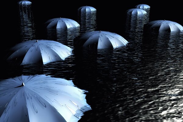 Umbrellas in dark water