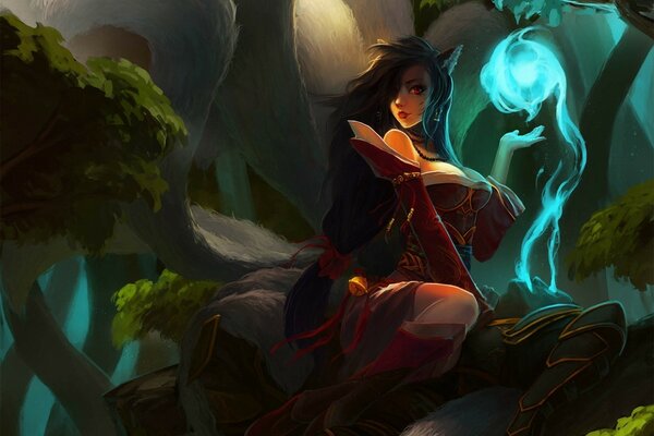 Ragazza con le code di cavallo, Art League, leggende orecchie, ahri magia, lol