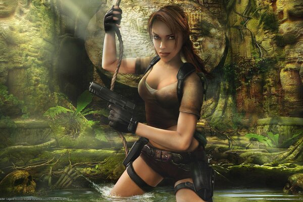 Lara Croft in rovina ragazza con una pistola, teschi