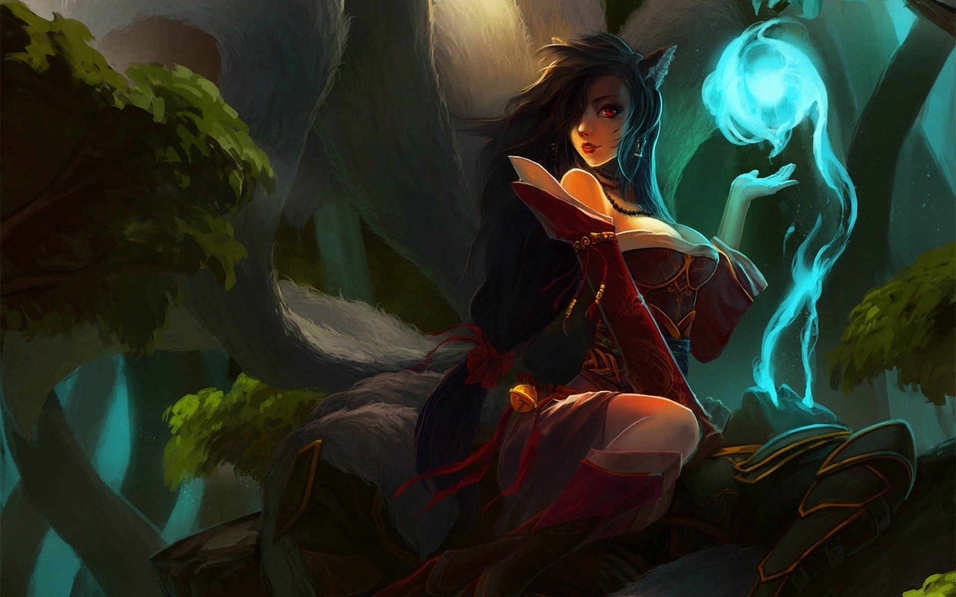 arte league of legends ragazza coda di cavallo orecchie lol ahri magia