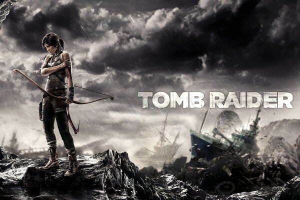 Le personnage principal du jeu Tomb Raider se tient sous la pluie, dans ses mains avec un arc