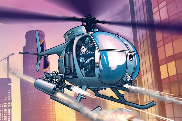 Kunst basierend auf dem Spiel GTA - Schießen Hubschrauber vor dem Hintergrund von Wolkenkratzern