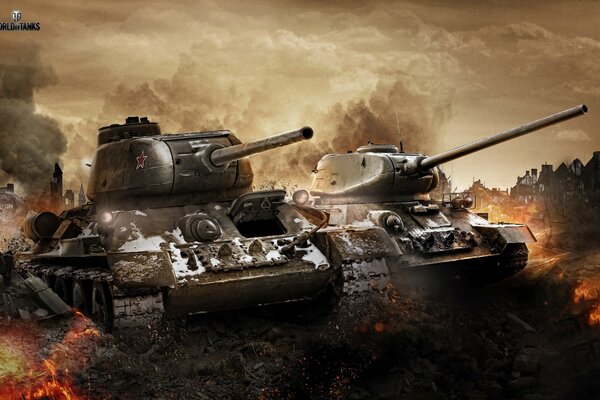 T-34 tanks on the battlefield on fire