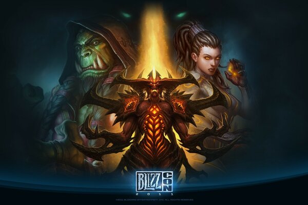 Blizzcon art where there is Thrall Diablo and a girl from starcraft