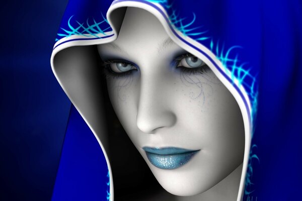 A fantasy image of a girl in a blue hood