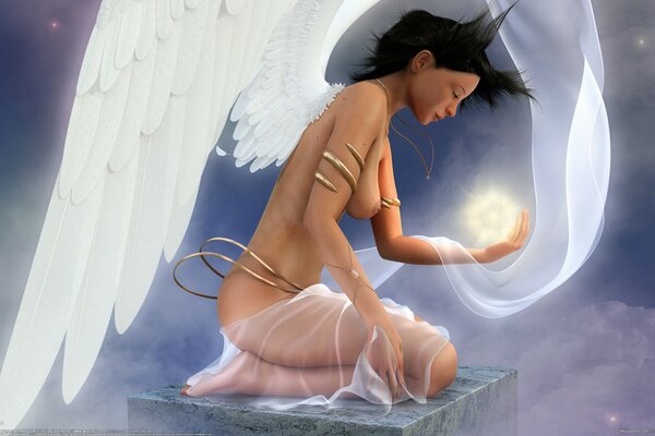 Angel girl with wings in the clouds