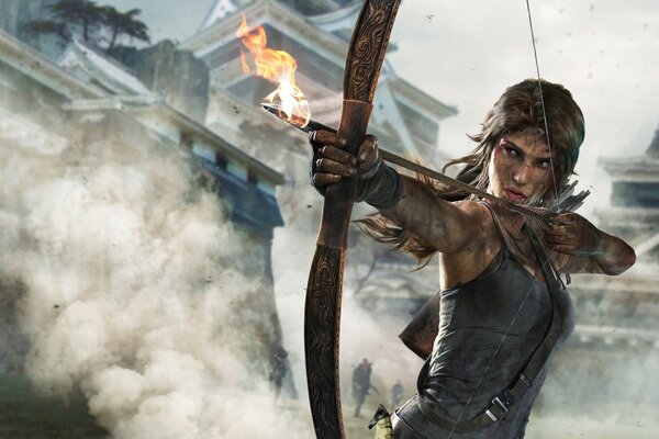 Le personnage principal du jeu Tomb Raider tire un arc avec une flèche avec une pointe de feu