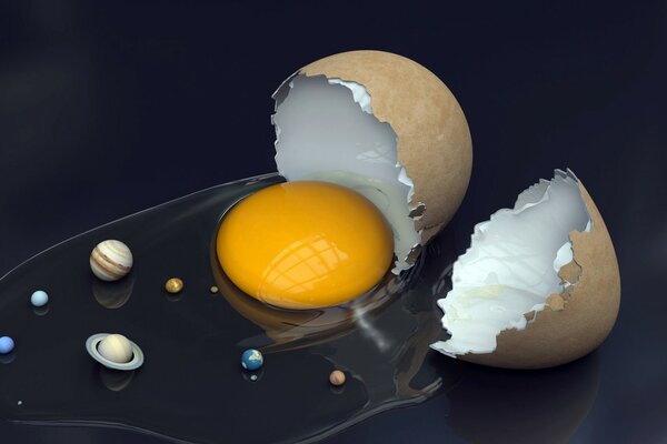 Art with a shell and a solar system, where the yolk is instead of the sun