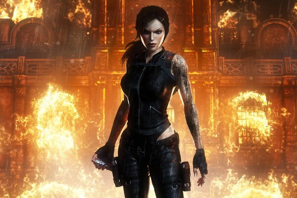 Jeu tomb raider underworld. Lara Croft sur fond de feu