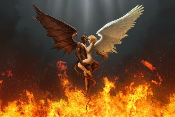 El ángel y el diablo se abrazan en el fuego