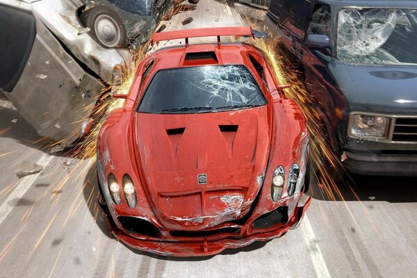 The red supercar is rammed by other cars