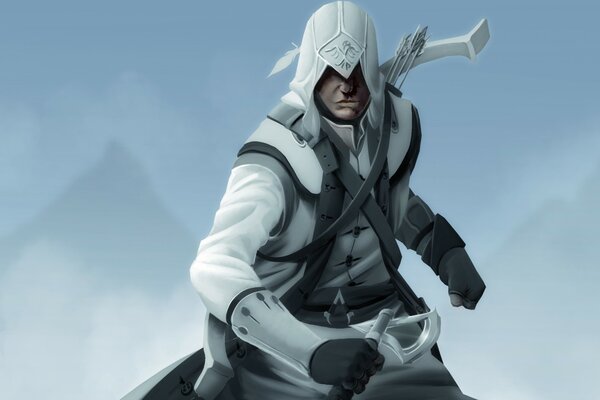 A warrior from Assassin Creed on a blue background