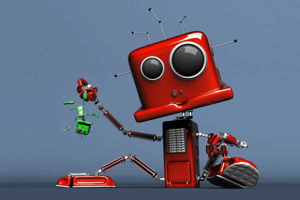 El gran robot rojo sostiene al pequeño verde boca abajo