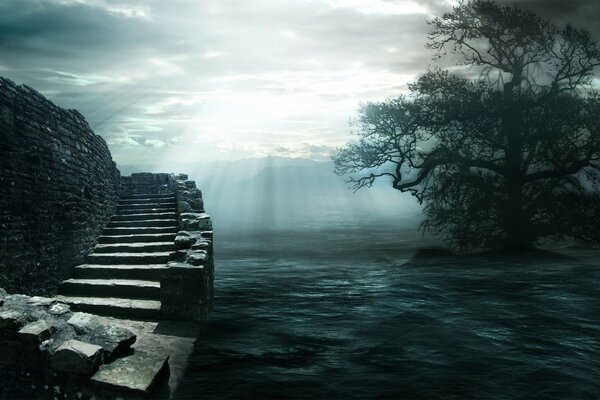 The light from the clouds illuminates the water and the stairs