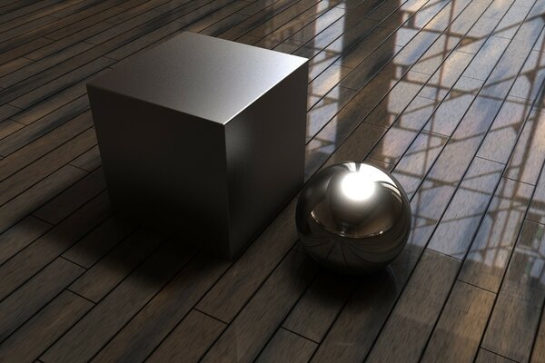 Le cube et la balle sont debout sur le parquet