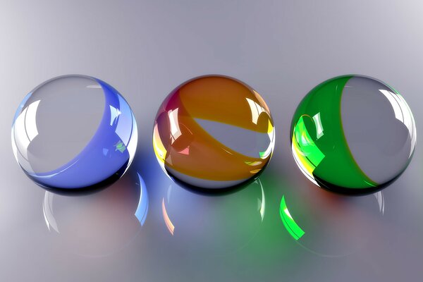 Volumetric glass balls of different colors with reflection