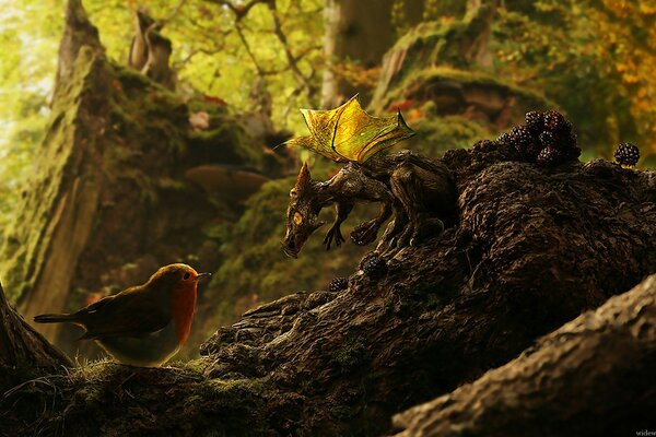 A bird and a small dragon met in the forest