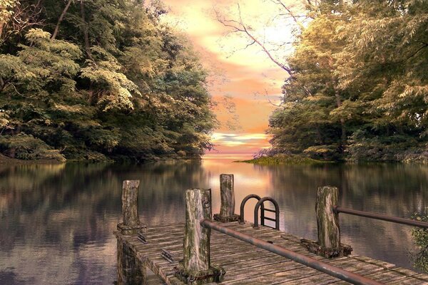 Pier by the lake, with a view of the trees and the sky