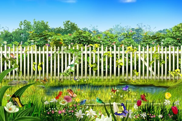 A fence with a lake and flowers in the country