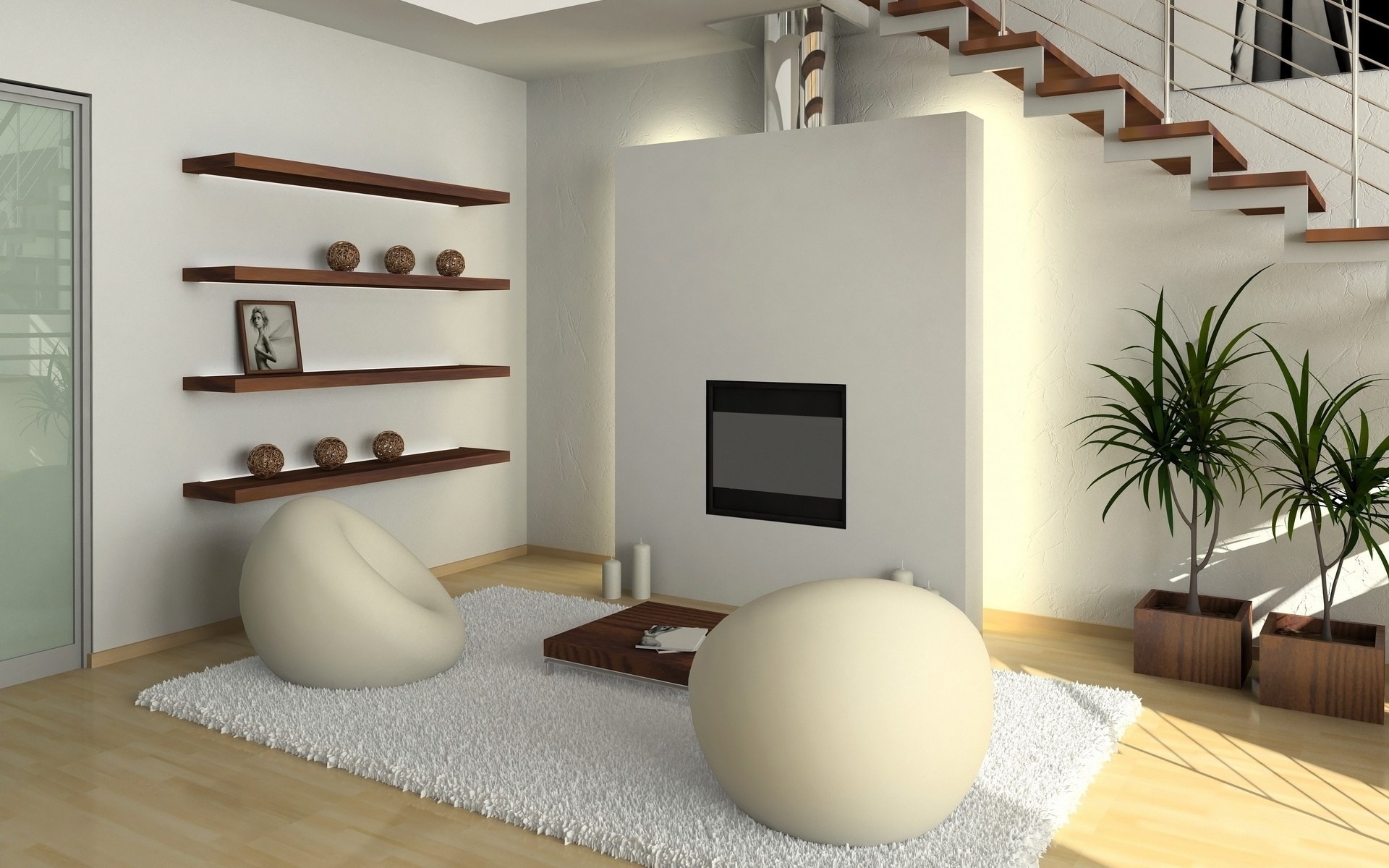 diseño chimenea estantes salón sillones escalera