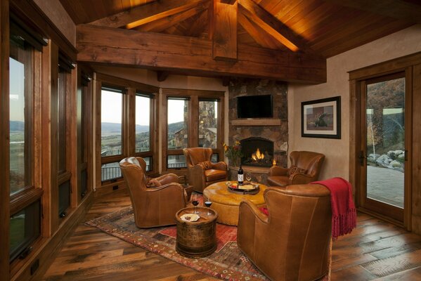 Fireplace and wooden elements in the design