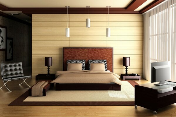 Designer bright bedroom with a large bed