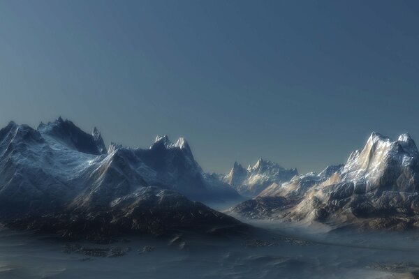 Montagnes enneigées dans le brouillard