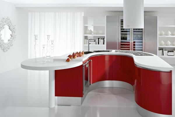 White kitchen design with red doors