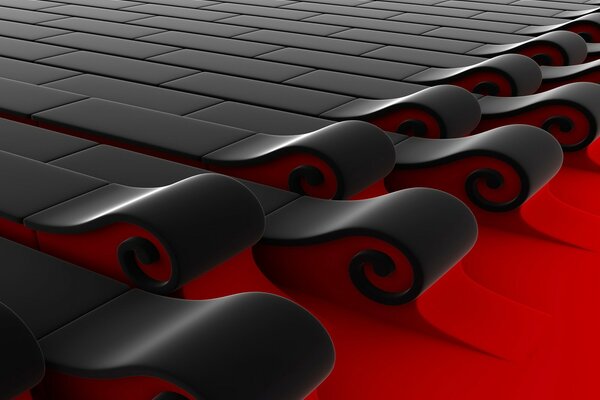 Azulejos negros en forma de ondas cubren el fondo rojo