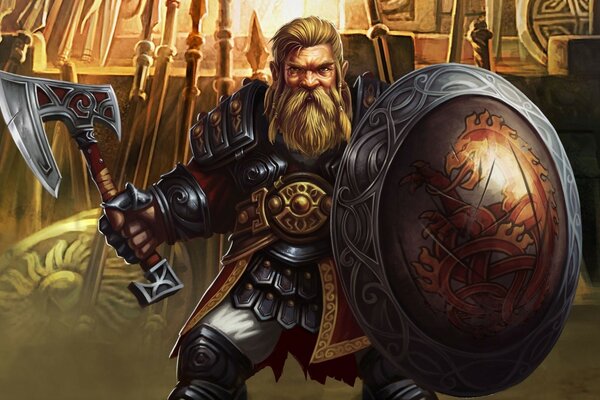 Heritage. A dwarf with a shield and an axe