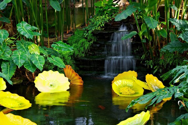 Waterfall in the tropics. With yellow flowers