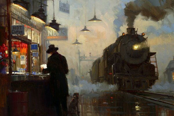 Oil painting- a station with a steam locomotive