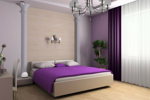 Camera da letto dal design calmo con accenti viola