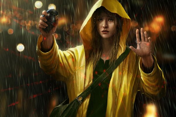 A girl in the rain with a grenade in her hand