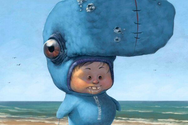 Dessin d un petit homme en costume de baleine