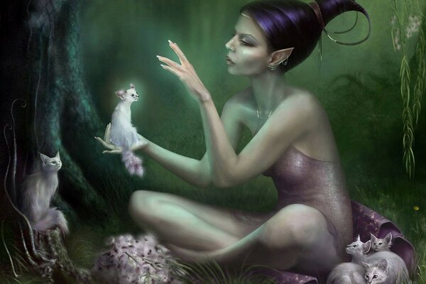 Fantasy image of an elf girl with cats