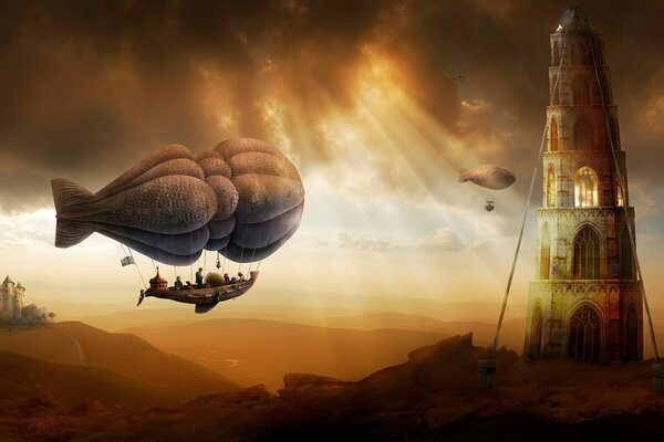 An airship flying through the sky to a high tower