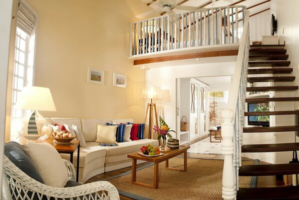 Stylish staircase in the living room interior