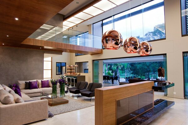 A huge and spacious living room with a view of the courtyard