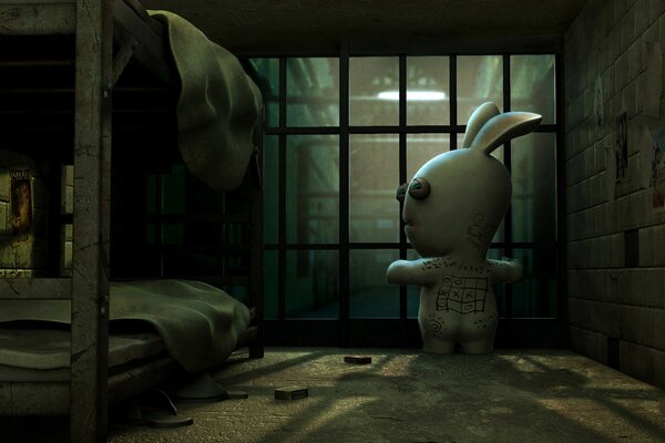 Animation lapin assis en prison