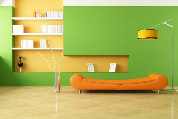 Diseño de la habitación en tonos naranja-verde