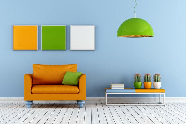 Living room design in orange, green and white tones