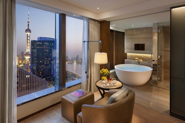 Modern bathroom with panoramic window