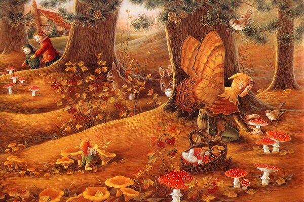 Children in a magical forest, an elf collects mushrooms