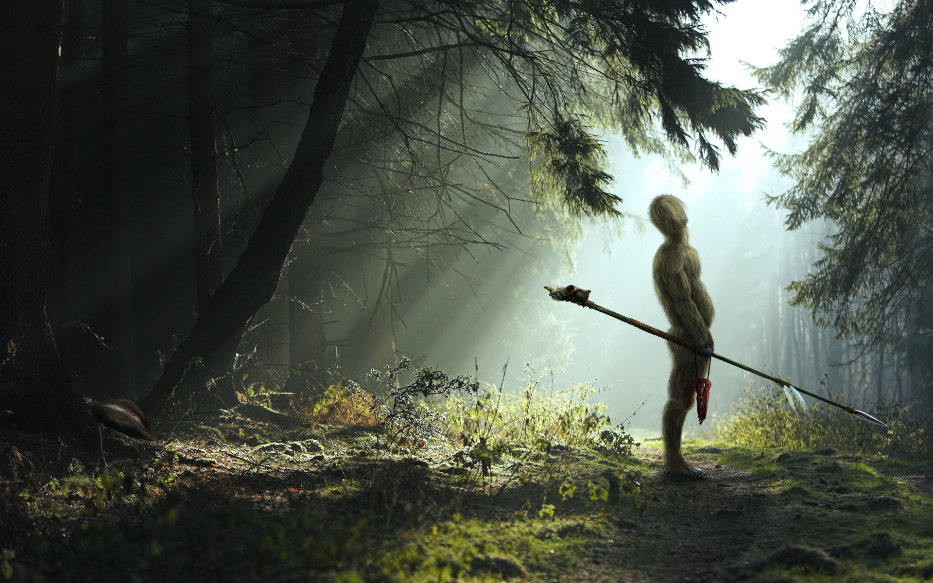 forêt guerrier poilu lance lumière